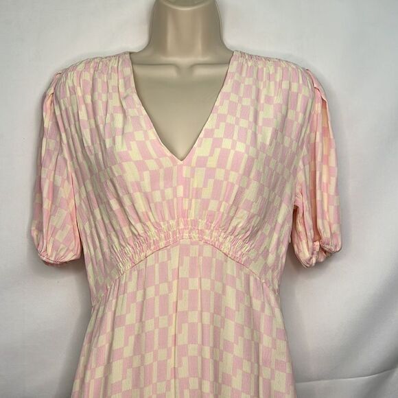 Club Monaco pink and cream check puff sleeve midi dress size 2 - Picture 5 of 12